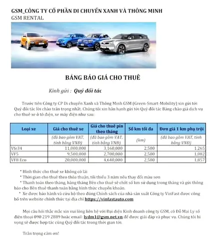 Bảng Báo Giá Cho Thuê Xe Ô Tô
