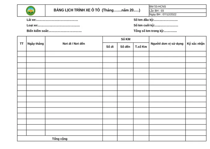 Bảng Lịch Trình Xe Ô Tô