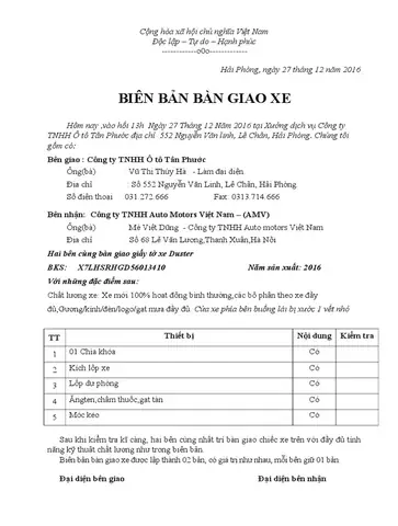 Biên Bản Bàn Giao Xe Ô Tô