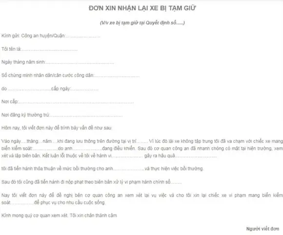 Đơn Xin Xe Ô Tô Bị Tạm Giữ