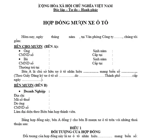 Giấy Cho Mượn Xe Ô Tô