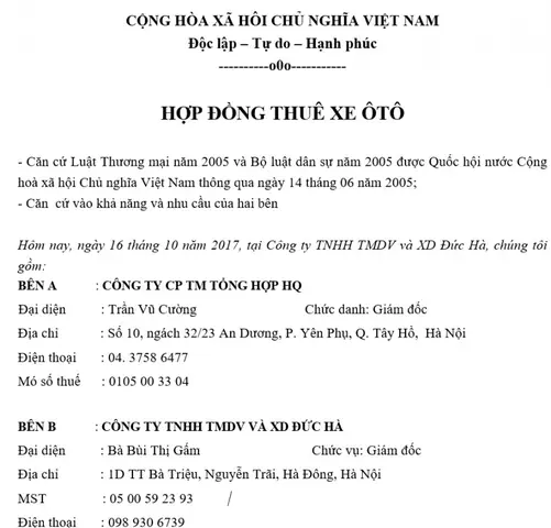 Hợp Đồng Cho Thuê Xe Ô Tô Tự Lái