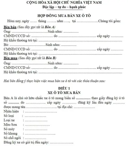 Hợp Đồng Chuyển Nhượng Xe Ô Tô