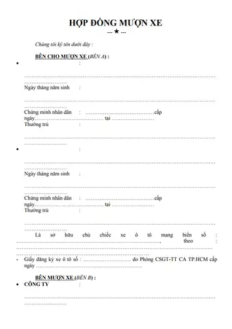 Mẫu Hợp Đồng Mượn Xe Ô Tô