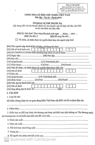 Mẫu Tờ Khai Thuế Trước Bạ Xe Ô Tô