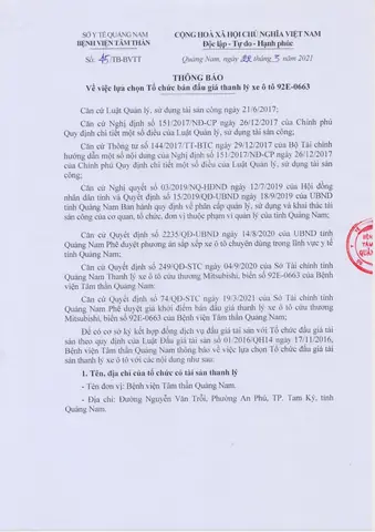Thông Báo Đấu Giá Xe Ô Tô