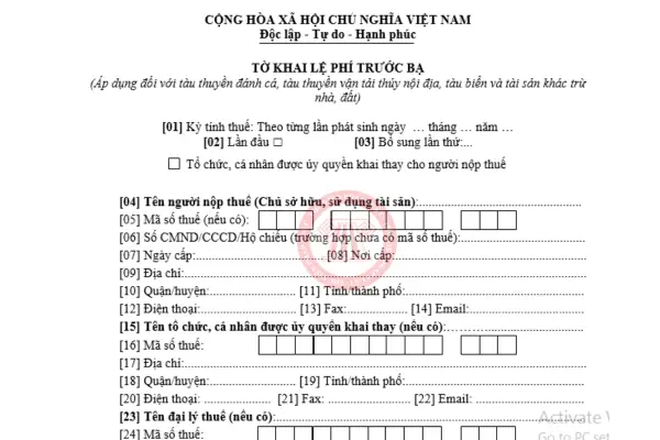 Tờ Khai Lệ Phí Trước Bạ Xe Ô Tô