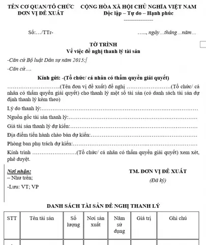 Tờ Trình Thanh Lý Xe Ô Tô