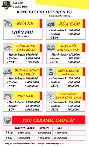 Bảng Giá Chăm Sóc Xe Ô Tô