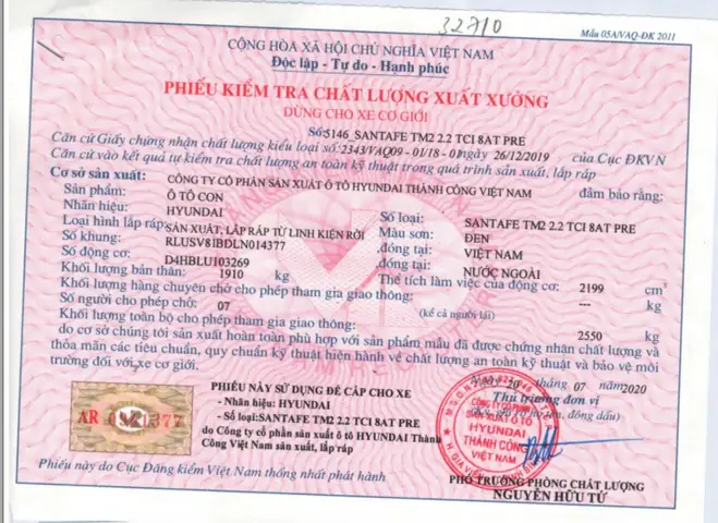 Giấy Chứng Nhận Xuất Xưởng Xe Ô Tô