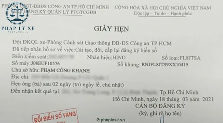 Giấy Hẹn Lấy Đăng Ký Xe Ô Tô