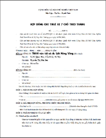Hợp Đồng Cho Thuê Xe Ô Tô Theo Tháng