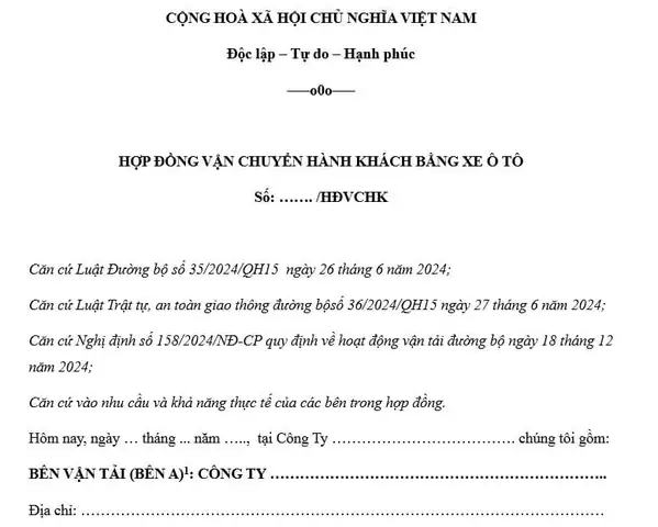 Hợp Đồng Vận Chuyển Hành Khách Bằng Xe Ô Tô
