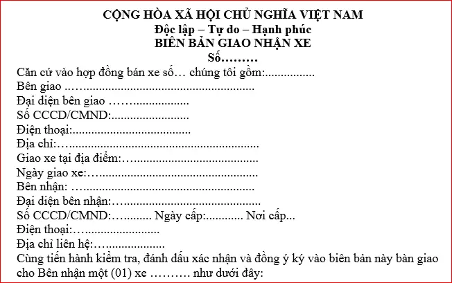 Maẫu Biên Bản Bàn Giao Xe Ô Tô