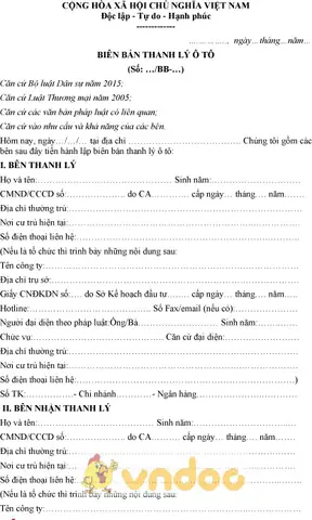 Mẫu Biên Bản Thanh Lý Xe Ô Tô Công Ty