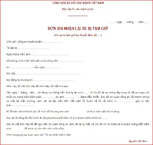 Mẫu Đơn Xin Gửi Xe Ô Tô