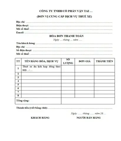 Mẫu Hóa Đơn Cho Thuê Xe Ô Tô