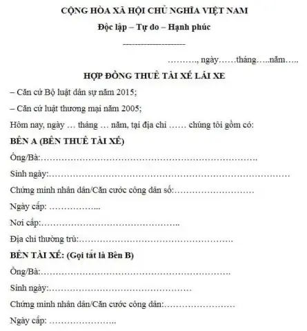 Mẫu Hợp Đồng Thuê Lái Xe Ô Tô Vận Tải