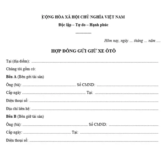 Mẫu Hợp Đồng Trông Giữ Xe Ô Tô Qua Đêm