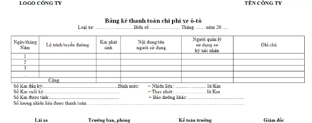 Mẫu Quản Lý Xe Ô Tô Công Ty