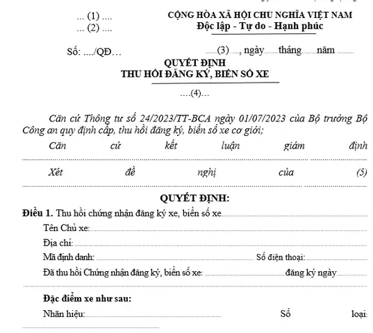 Mẫu Quyết Định Thu Hồi Xe Ô Tô