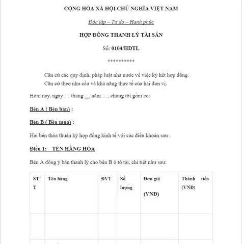 Mẫu Thanh Lý Tài Sản Cố Định Xe Ô Tô