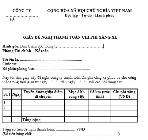 Mẫu Thanh Toán Chi Phí Xe Ô Tô