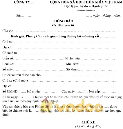 Mẫu Thông Báo Nhận Xe Ô Tô