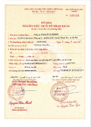 Mẫu Tờ Khai Nguồn Gốc Xe Ô Tô Nhập Khẩu