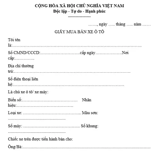 Mãu Văn Bản Chuyển Nhượng Xe Ô Tô
