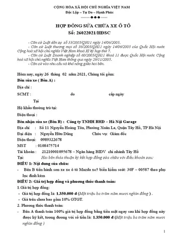 Phụ Lục Hợp Đồng Sửa Chữa Xe Ô Tô