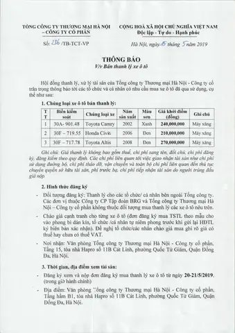 Thông Báo Thanh Lý Xe Ô Tô