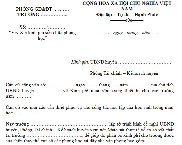 Tờ Trình Đề Nghị Sửa Chữa Xe Ô Tô